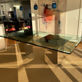 Roche Bobois glass top dining table with metal double pedestal base