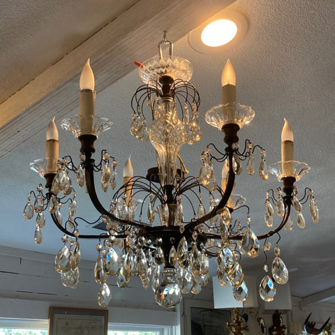 6 arm iron and crystal chandelier