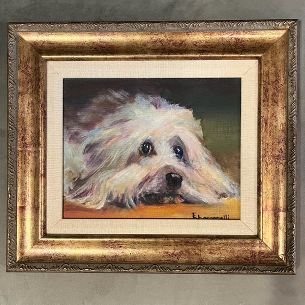 dog painting in gold frame