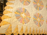 Vintage yellow flower quilt with scalloped edge 70" x 85"