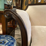 Bernhardt mahogany framed roll arm couch with ivory chenille upholstery