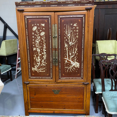 2 door wood armoire with bone inlay