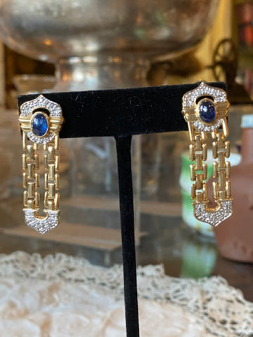 Vintage 14K yellow gold cabochon sapphire and diamond accent dangling EARRINGS