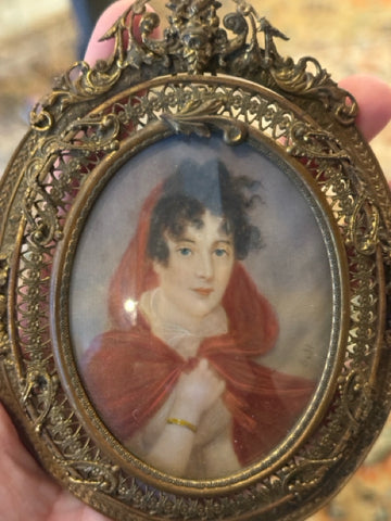 Handpainted Portrait Miniature Of Woman In Red Cape