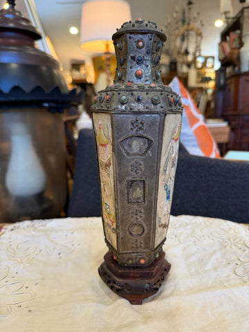 Set of 2 Roche Bobois dining chairs with black frames and multi color upholstery