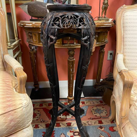 PEDESTAL stand Asian ornate carved wood marble top