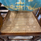 set of 5 teak caned scroll armed counter stools with floral cushions