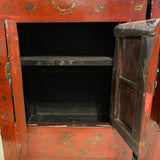 Pair of red Asian end tables with marbe tops (AS IS on marble top cracked)