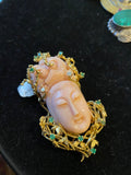 Coral Carved Head in 18k Setting with Diamonds and Gems