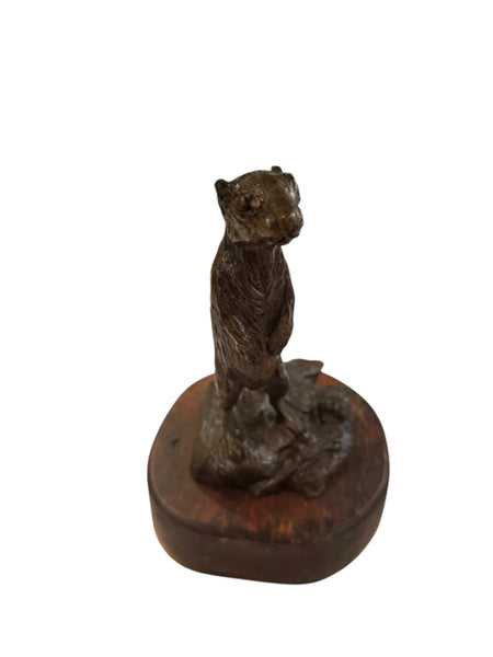 Bronze weasel sculpture on wood base signed Lowell Davis
