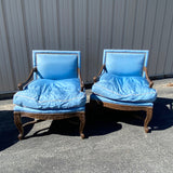 Pair of Carved Framed Blue Satin Down Cushion Arm Chairs