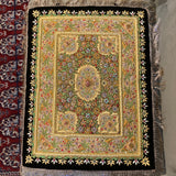 Hand made jeweled Kashmir rug with metallic fringed border