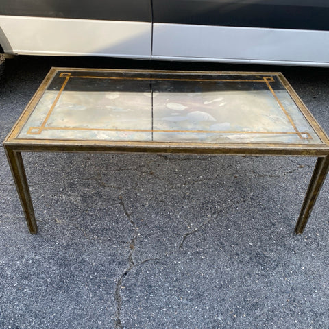 Neoclassic style  distressed mirrored coffee table with brass inlay