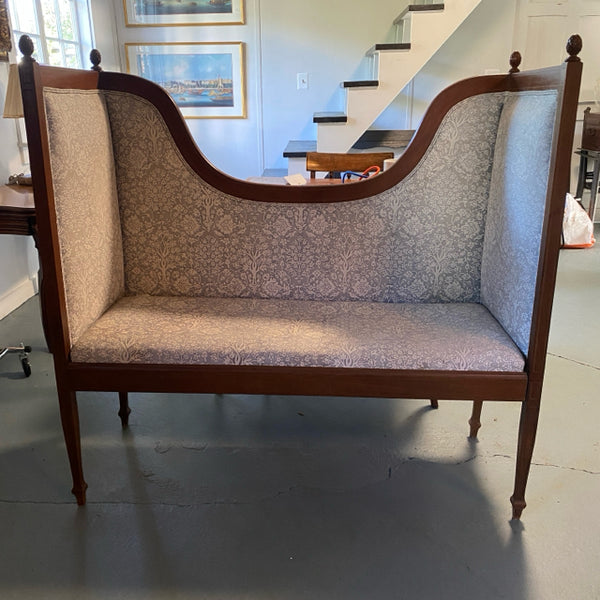 Sheraton style settee with slate blue and white upholstery