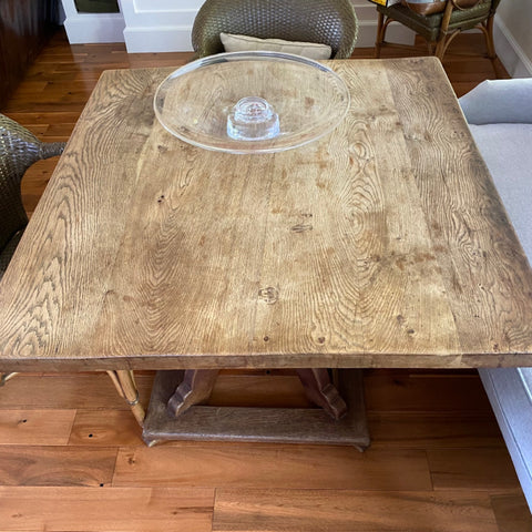 square rustic dining table with center pedestal