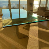 Roche Bobois glass top dining table with metal double pedestal base