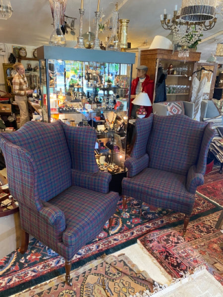 pair of plaid wing back chairs