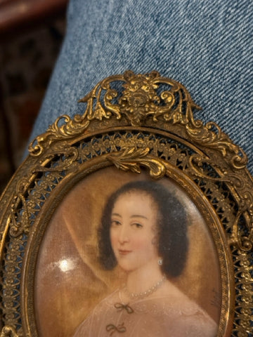 Handpainted Portrait Miniature Of Woman With Jeweled Cross