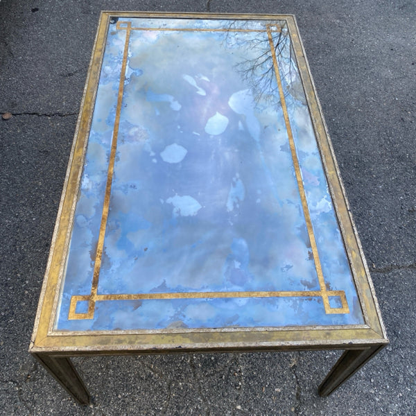 Neoclassic style  distressed mirrored coffee table with brass inlay