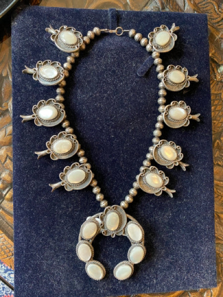 sterling silver and mother of pearl squash blossom necklace