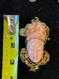 Coral Carved Head in 18k Setting with Diamonds and Gems