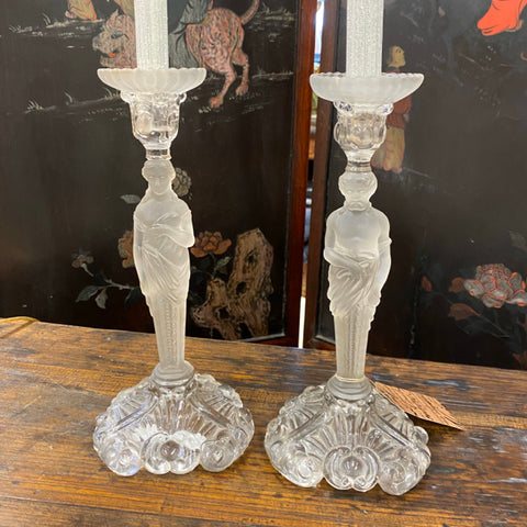 frosted glass figural candle sticks