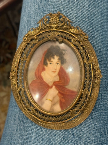 Handpainted Portrait Miniature Of Woman In Red Cape