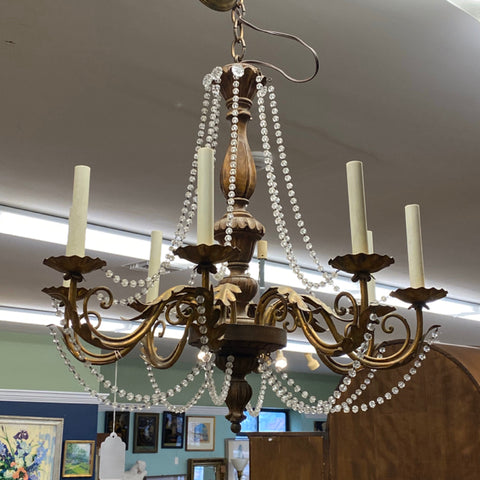 Bronze & Carved Wood Chandelier with Crystal Strands