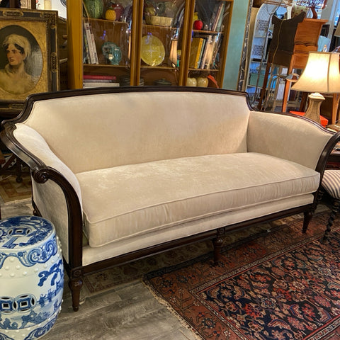 Bernhardt mahogany framed roll arm couch with ivory chenille upholstery