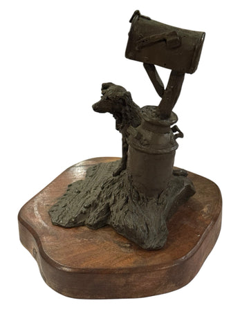 Bronze Dog and Mailbox sculpture on wood base signed Lowell Davis