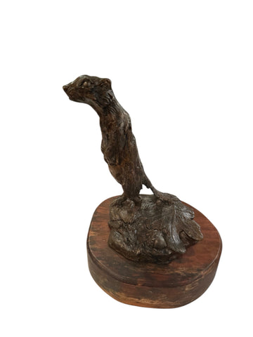 Bronze weasel sculpture on wood base signed Lowell Davis