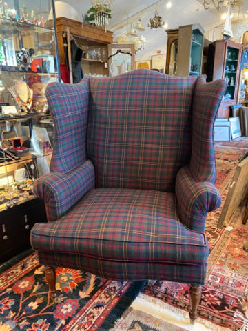 pair of plaid wing back chairs