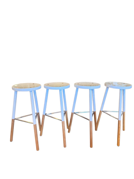 set of 4 white and light wood bar stools
