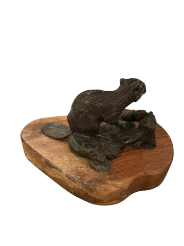 Bronze beaver sculpture on wood base signed Lowell Davis