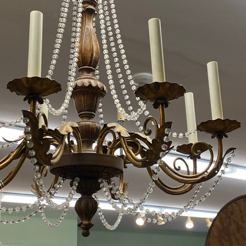 Bronze & Carved Wood Chandelier with Crystal Strands