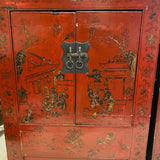 Pair of red Asian end tables with marbe tops (AS IS on marble top cracked)