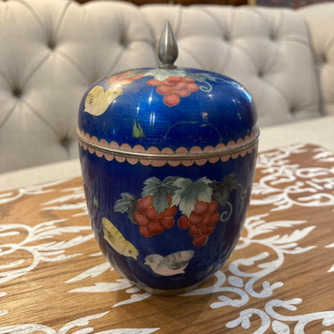 Cloisonne jar with lid blue grapes and birds