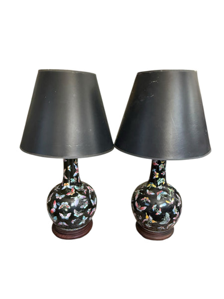 pair of Chinese Porcelain Butterfly Lamps With Black Shades