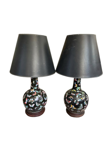 pair of Chinese Porcelain Butterfly Lamps With Black Shades
