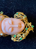 Coral Carved Head in 18k Setting with Diamonds and Gems