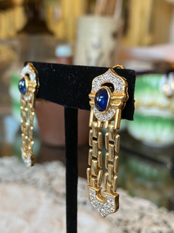 Vintage 14K yellow gold cabochon sapphire and diamond accent dangling EARRINGS