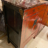 Pair of red Asian end tables with marbe tops (AS IS on marble top cracked)