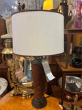 GP Pair brown  leather studded lamps with white & leather trim shades