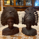 Balinese carved wood male and female busts with headress