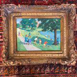 Painting of Brooklyn park scene with ornate frame signed Reid Christman