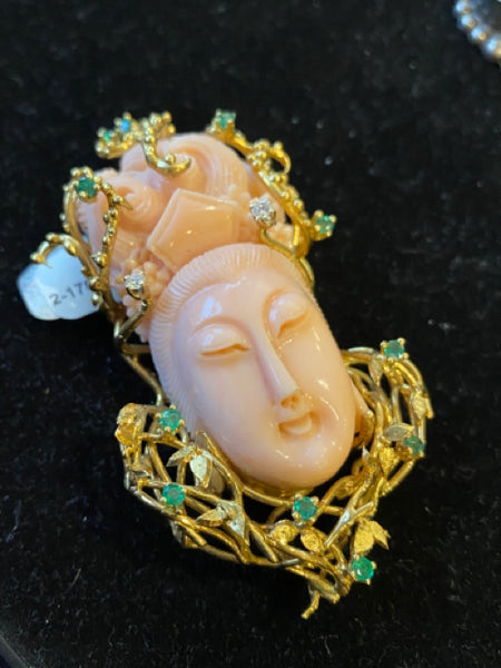 Coral Carved Head in 18k Setting with Diamonds and Gems