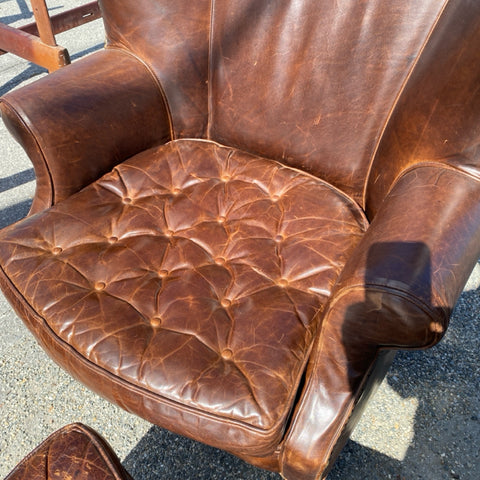 Pair of Restoration Hardware leather tufted highback arm chairs with ottoman