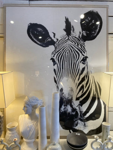 Large zebra silk screen in plexiglass case frame