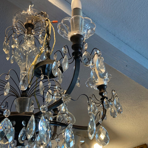 6 arm iron and crystal chandelier