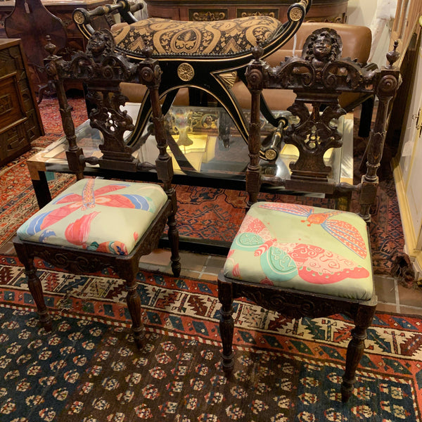 Pair of Ornate Carved chairs with Dragonfly Paper